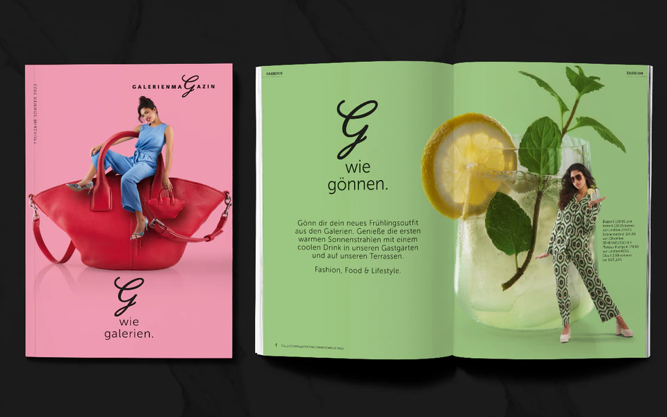 rathausgalerien innsbruck frühjahrskampagne magazin doppelseite und cover pink und grün