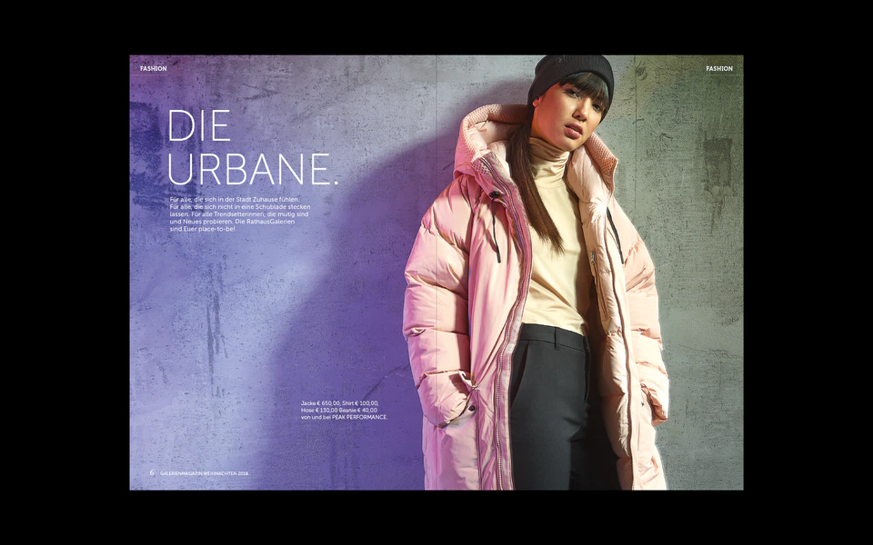 rathausgalerien innsbruck winterkampagne magazin doppelseite peak performance outfit urban