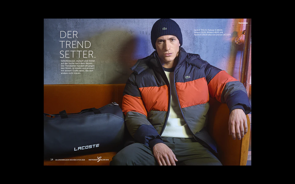 rathausgalerien innsbruck winterkampagne magazin doppelseite mann lacoste outfit urban